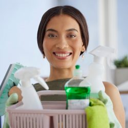 Cleaning supplies, happy portrait and woman, housekeeping, cleaning service and maintenance in home